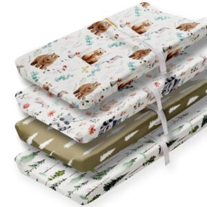 4 Pack Changing Pad Covers Woodland Forest Animals Wood Neutral Unisex Fitted Baby Changing Pad Cover Set for Baby Boys or Girls (Cartoon beer)