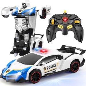 Remote Control Car Transformer Toys for Boy 4-6 Years Old: One-Button Transforming Police Car with LED Light & 360° Rotation Drifting 2.4 Ghz Robot RC Car Christmas Birthday Gift Idea for Kids