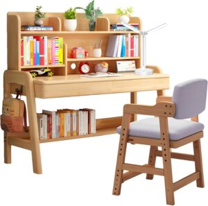 Study Desk and Chair Set Adjustable Height, All Solid Wooden Bedroom Furniture, Pink Table Chair Set with Shelves, Drawer, School Student’s Table Office Computer Workstation (Natural Wood)