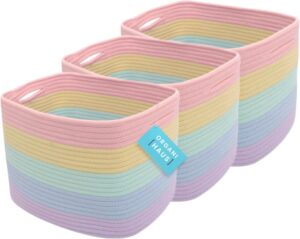 OrganiHaus Set of 3 Cute Rainbow Storage Basket for Toys & Cloths, Cotton Rope Basket for Decor, Shoe Basket Organizers, Decorative Pastel Storage Bins, Woven Storage Baskets for Organizing