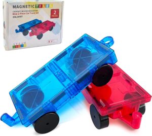 2PCS Magnetic Tiles Cars Truck Construction Kit Vehicle Toy for Magnetic Building Block Expansion, STEM Sensory Educational Learning Magnet Toys for Kids Toddlers Boys Girls Age 3+