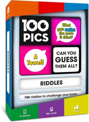 100 PICS Riddles Travel Game – Guess 100 Riddles | Flash Cards with Slide Reveal Case | Card Game, Gift, Stocking Stuffer | Fun for Kids and Adults | Ages 6+