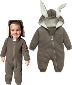 Simplee kids Animal Bunny Baby Easter Romper Long Ear Rabbit Hoodie Romper Jumpsuit with Zipper