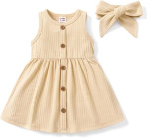 PATPAT Baby Toddler Girl Dresses Infant Sleeveless Summer Tank Dress Sundress Long Sleeve Fall Dress Rib Knit with Headband