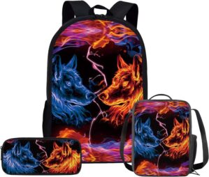 HUIACONG Flame Wolf School Bag Sets for Boys Kids Backpack with Lunch Box and Pencil Case Blue Red Flame Print School Rucksack 3 Pcs for Elementary Pouch Case Back