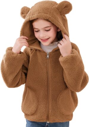 Haloumoning Toddler Little Girls Fleece Jacket Kids Winter Cute Teddy Coat Zip Up Hoodie with Pockets