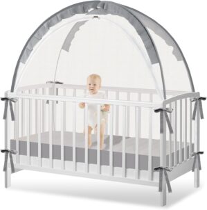 Crib Tent to Keep Baby from Climbing Out – Crib Net to Keep Baby in – Pop Up Baby Crib Cover, Upgrade Strong Mesh and Durable Zipper, Safety Crib Canopy (Grey, Lager)