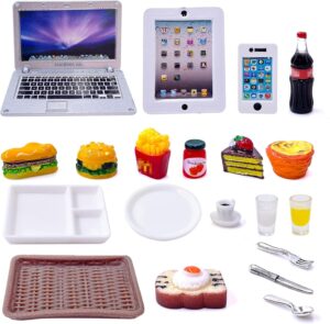 20Pcs Miniature Laptop Computer Tablet Toy Phone Pad and Hamburger Fries Cola Fast Food Cake Coffee Juice Fits Barbie Doll Accessories Scale Dollhouse Playsets Girl Mini Drink Food Party