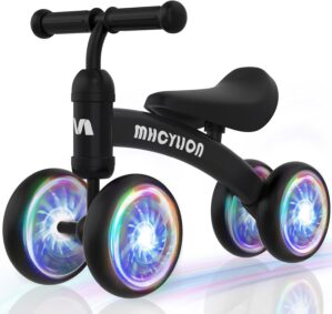 MHCYLION Shining Balance Bike Toys for Baby 1 Year Old Gifts,10-24 Months Toddler First Birthday Gift, No Pedal 4 Colorful Lighting Silence Wheels Bicycle for Little Boys Girls Walker(Shining Black)