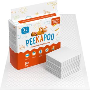 Peekapoo X-Large (30″x18″) Disposable Changing Pads for Baby – Portable Changing Pad Liners for Mess Free Travel, Ultra Absorbent, Waterproof and Super Soft, 50 Count