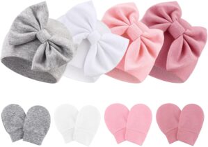 Newborn Baby Hats and Mittens Set Infant Bow Beanie Cap Toddler Gloves Newborn Hospital Hats for Baby Boy Girl 0-6 Months