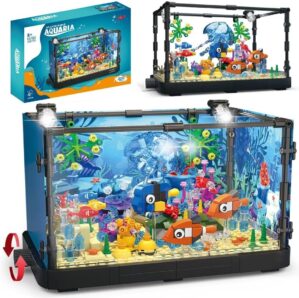 Fish Tank Building Block Set Compatible with Lego Sets for Adults and Kids Lighting Aquarium Building Block Toys for Boys Girls Age 8-14 Including Ocean Jellyfish, Fish, Corals, Crab 725pcs
