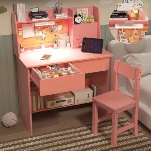 Pink Desk and Chair Set for 5-12 Year Old,Kids Study Desk with 3-Color Lights, Kids Study Table with Charging Station, Study Table with Drawers and Storage Shelf-Wt10