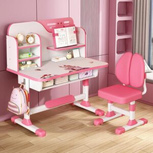 Kids Desk and Chair Set, Height Adjustable, Study Table with Storage Drawer, Ergonomic