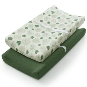 Blissful Diary Muslin Changing Pad Cover for Girls Boys, Ultra Soft Breathable Cotton, Baby Diaper Change Table Pad Covers, 2Pack (Monstera Leaves&Dark Green)