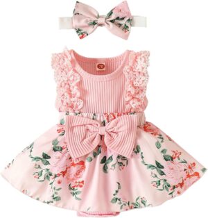 Baby Girl Clothes Newborn Romper Dress Infant Lace Ruffle Sleeveless Summer Outfits with Headband 0-12 Months