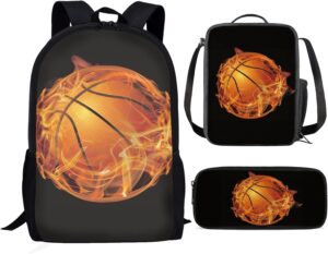 HUIACONG Fire Basketball Backpack Set 3 in 1 Portable Lunch Box+Pencil Bag+School Bags for Men Durable Bagpack Teens Lightweight School Bookbag Women Shoulder Bag