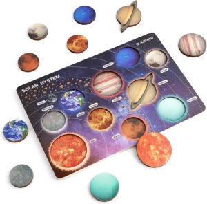 Solar System Wooden Puzzle Toy Model for Kid 3-5, Toddler Montessori Movable Planet Name Board Game, Outer Space Themed Imaginary Sensory Play Gift, Preschool Science Stem Learning Activity