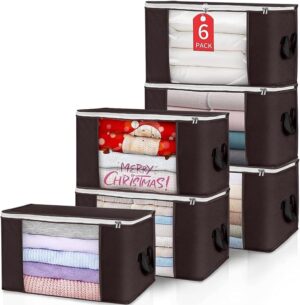 Budding Joy Clothes Storage, Foldable Large Storage Bags, Storage and Organization for Clothing, Blanket, Comforter, Clothes, Pillows, Closet Organizers with Enhanced Handle, 60L 6 Pack Brown