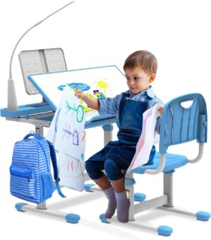 BELANITAS Kids Desk and Chair Set with Light, Height Adjustable School Desk for Kids,Ergonomic Children Desk with Tilt-able Desktop,Kids Study Desk for Go Back School Gift Blue