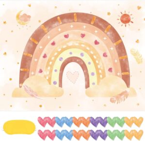 WERNNSAI Pin the Heart on the Rainbow Party Game – Boho Party Supplies for Baby Girls 21” x 28″Rainbow Poster with 24 Reusable Stickers Baby Shower Birthday Party Game Boho Decoration for Wall Window