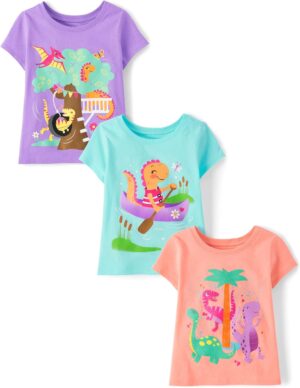The Children’s Place Toddler Girls’ Short Sleeve Multi Color Graphic T-Shirt, 3 Pack