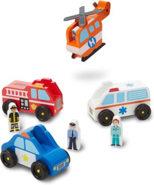 Melissa & Doug Emergency Vehicle Wooden Play Set With 4 Vehicles, 4 Play Figures