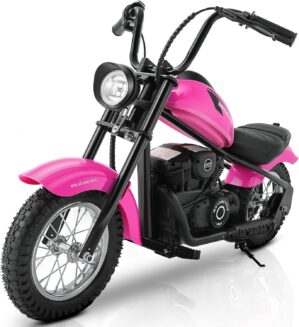ELEMARA Electric Dirt Bike, 24V Ride on Toy for Big Kids,15 mph & 150lb Max, Kids Motorcycle w/Raised Handlebars, Power Display, Twist-Grip Throttle,Shock Springs, Key Start,Handbrake, 12″ Tires-Pink