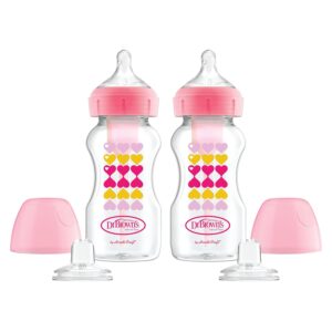 Dr. Brown’s Anti-Colic Options+ Wide-Neck Sippy Bottle Starter Kit, 9oz/270mL, with Level 3 Medium-Fast Flow Nipple and Soft 100% Silicone Sippy Spout, Pink, BPA Free, 6m+, 2 Pack