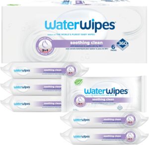 WaterWipes Soothing Clean Baby Wipes, 99% Water-Based Formula with Botanical Extract to Soothe & Protect Skin, Unscented & Hypoallergenic, 360 Count (6 Packs)