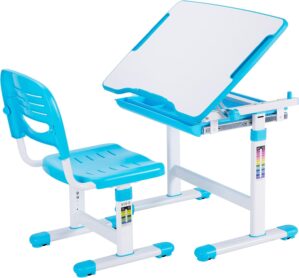 VIVO Height Adjustable Children’s Desk and Chair Set, Kids’ Multifunctional Interactive Workstation for School Writing Study Play, Tilting Desktop with Pullout Storage Drawer, Blue, DESK-V201B