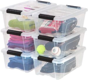 IRIS USA 13 Qt Stackable Plastic Storage Bins with Lids, 6 Pack – BPA-Free, Made in USA – See-Through Organizing Solution, Latches, Durable Nestable Containers, Secure Pull Handle – Clear