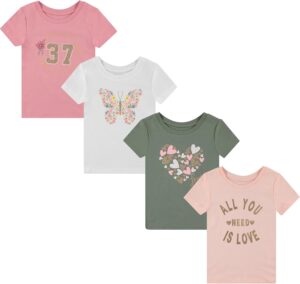 BTween Girls 4-Piece Tops | Fashionable Short Sleeve T-Shirt | Casual Daily Shirt for Kids – Assorted Colors
