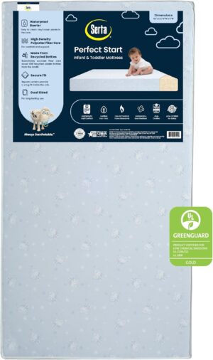 Serta Perfect Start Dual Sided Baby Crib Mattress & Toddler Mattress – Waterproof – 6″ Premium Sustainably Sourced Fiber Core – GREENGUARD Gold Certified – 7 Year Warranty – Made in USA