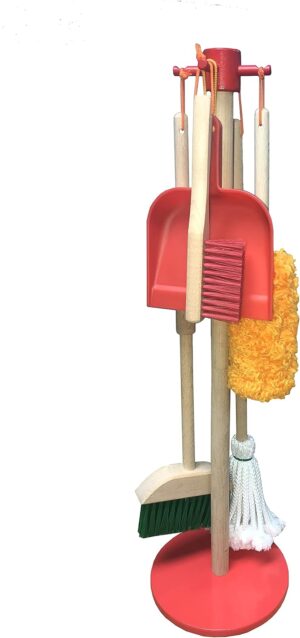 JustForKids Wooden Detachable Kids Cleaning Set – Duster, Brush, Mop, Broom and Hanging Stand Play – Housekeeping Kit – STEM Toys for Toddlers Girls & Boys, Total 6 Pieces,Multi Color,10071