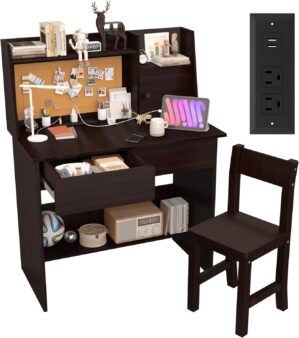 Pink Kids Desk and Chair Set for 5-12 Year Old, Childrens Computer Desk with Drawers and Storage Shelf, Kids Study Table with Charging Station-rI10