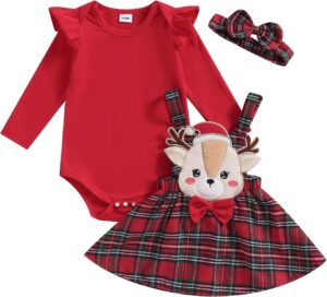 Christmas Baby Girl Outfit Newborn Cute Elk Fly Sleeve Romper Overall Dress Infant Girls Fall Winter Skirt Set