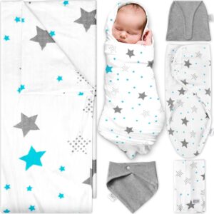 Ocean Drop Designs Receiving Blankets for Boys & Baby Girls – 5pc Set Gender Neutral Baby Clothes Includes Blanket, Hat, Bib, Burp Cloth & Swaddle
