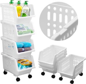 Skywin Plastic Stackable Storage Bins (4 Pack) – Small Open Front Bins for Toy, Pantry, Kitchen, and Bathroom Organization – White