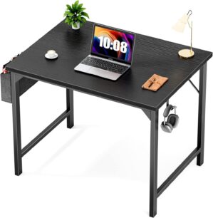 Sweetcrispy Computer Small Office Desk 32 Inch Kids Student Study Writing Work with Storage Bag & Headphone Hooks Modern Simple Home Bedroom Table – Basic Black
