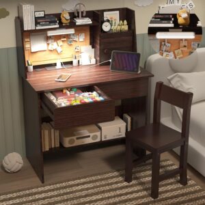 Kids Study Desk with 3-Color Lights, Espresso Desk and Chair Set for 5-12 Year Old, Kids Study Table with Charging Station, Study Table with Drawers and Storage Shelf-iS40