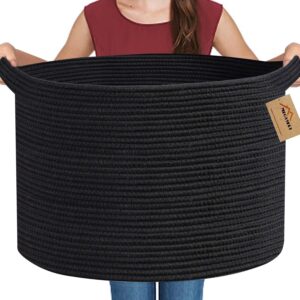 Large Black Blanket Basket, 22″ X 22″ X 14″ Woven Rope Baskets for Storage, Kids Dog Toy Storage Baskets Organizer Bins, Blanket Storage for Living Room, Black Wicker Baskets for Organizing