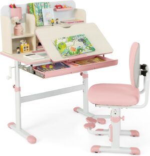 Costzon Kids Desk and Chair Set, Height Adjustable Children School Study Table and Chair Set w/Tilt Desktop, Storage Drawer Hutch, Pen Holder, Student Writing Table, Desk for Girls (Pink)