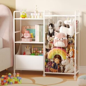 BBLIKE Stuffed Animal Organizer – 2-Tier White Bookshelf with Net, Toy Chest for Kids Room, Playroom, Nursery
