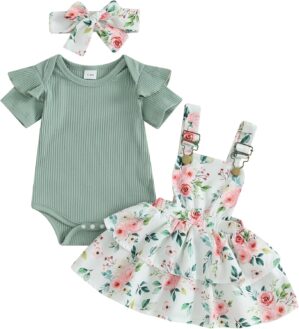 Mubineo Baby Girl Summer Clothes Cute Outfits Short Sleeve Romper Overall Skirt Dress Headband 3PCS Newborn Outfit