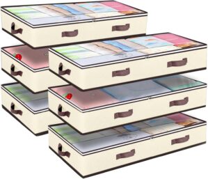 Budding Joy 6 Pack 90L Under bed Storage Containers Organizer Large Capacity Underbed Clothes Storage Bins Organization and Storage Bedroom Foldable Storage Bags with Clear Window Beige