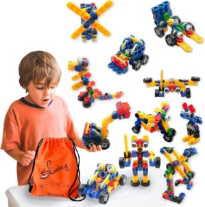 Skoolzy Klikio 8 in 1 Construction Building Engineering Toys 98 Piece Kit – STEM Bin Toys for Ages 7+, Includes Storage Bag and Booklet with Building Designs