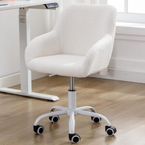 LukeAlon Kids Adjustable Desk Chair, Sherpa Study Chair with Swivel Base Cute Reading Chair Comfy Upholstered Computer Chair with Arms for Girls Children, White