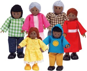 Hape African American Wooden Doll House Family| Dollhouse People Set of 6 Action Figure Set| Wire Adults: 4.3″ H; Kids: 3.5″ H