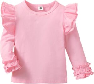 Toddler Girls Solid Color T-Shirt Kids Blouse Plain Ruffle Sleeve Top Baby Girl Cotton Casual Clothes
